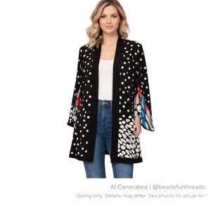 Reversible Polka Dot & Abstract Long Kimono Jacket L Flow